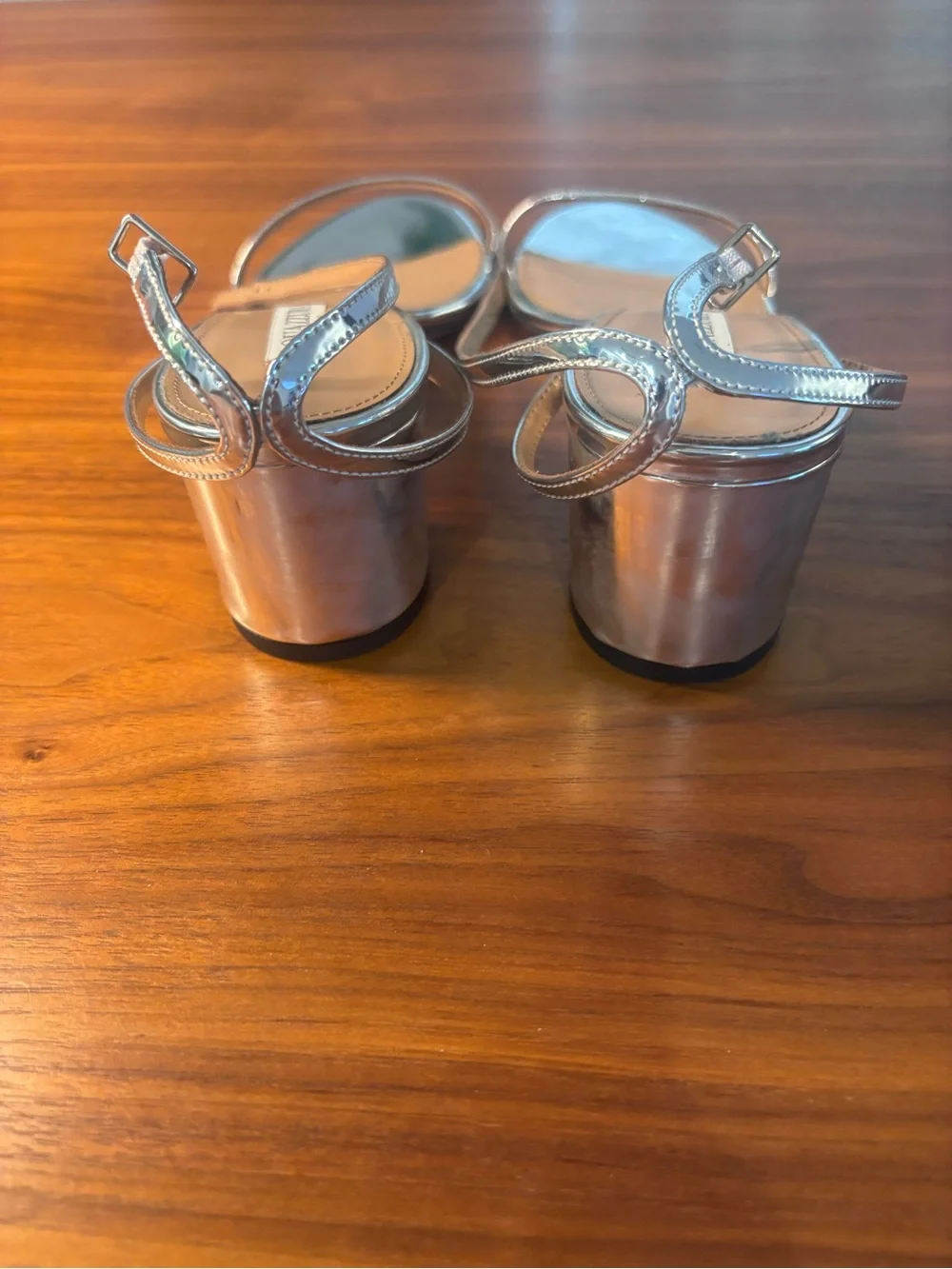 Aquazzura Deneuve Bow 50 Silver Metallic Ankle-Strap Block Heel Sandals Size 37